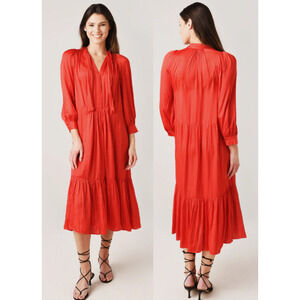 Zadig & Voltaire Roland Satin Puff Sleeve Tiered Midi Dress Red Women's Size S